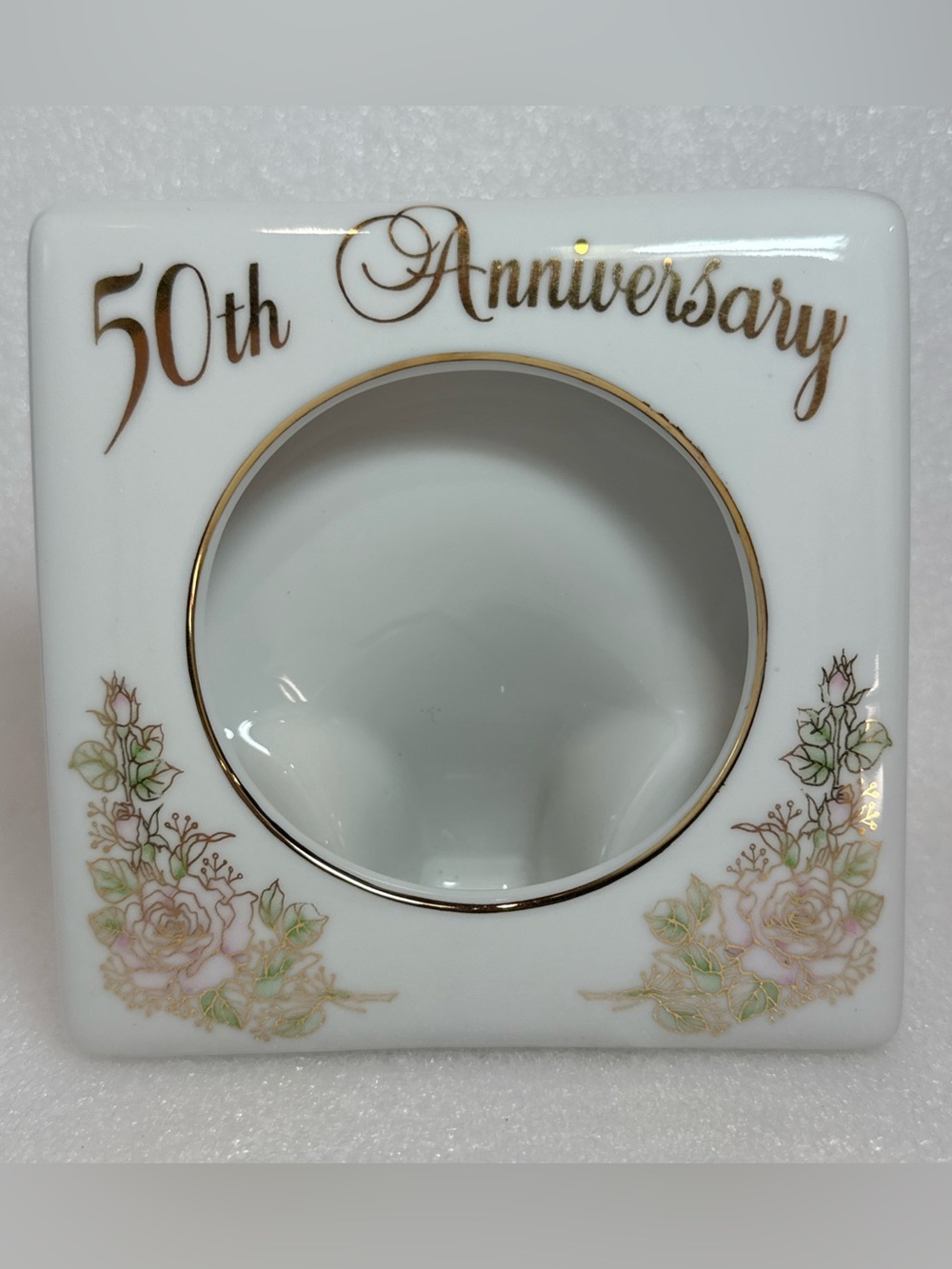 Vintage Enesco 50th Anniversary Wishes 1983 Ceramic Frame Free Standing Square
